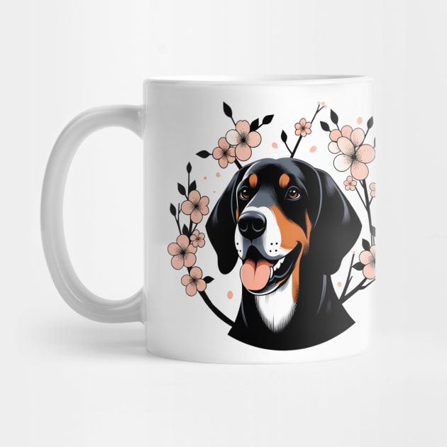 Black and Tan Coonhound Enjoys Spring Cherry Blossoms by ArtRUs